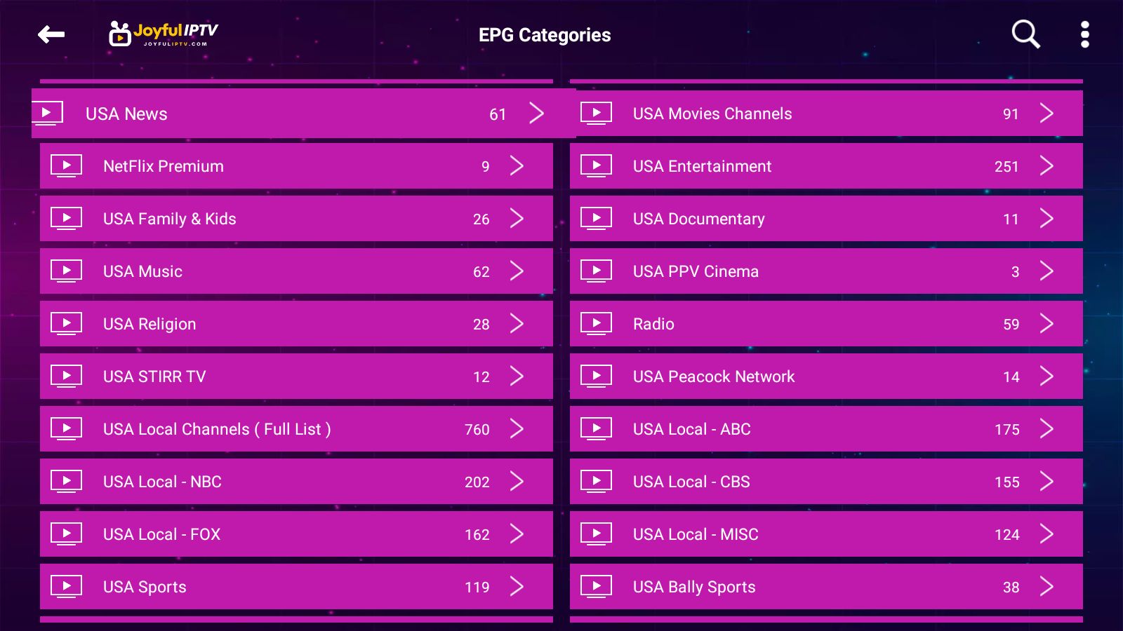Joyful IPTV EPG Channel List